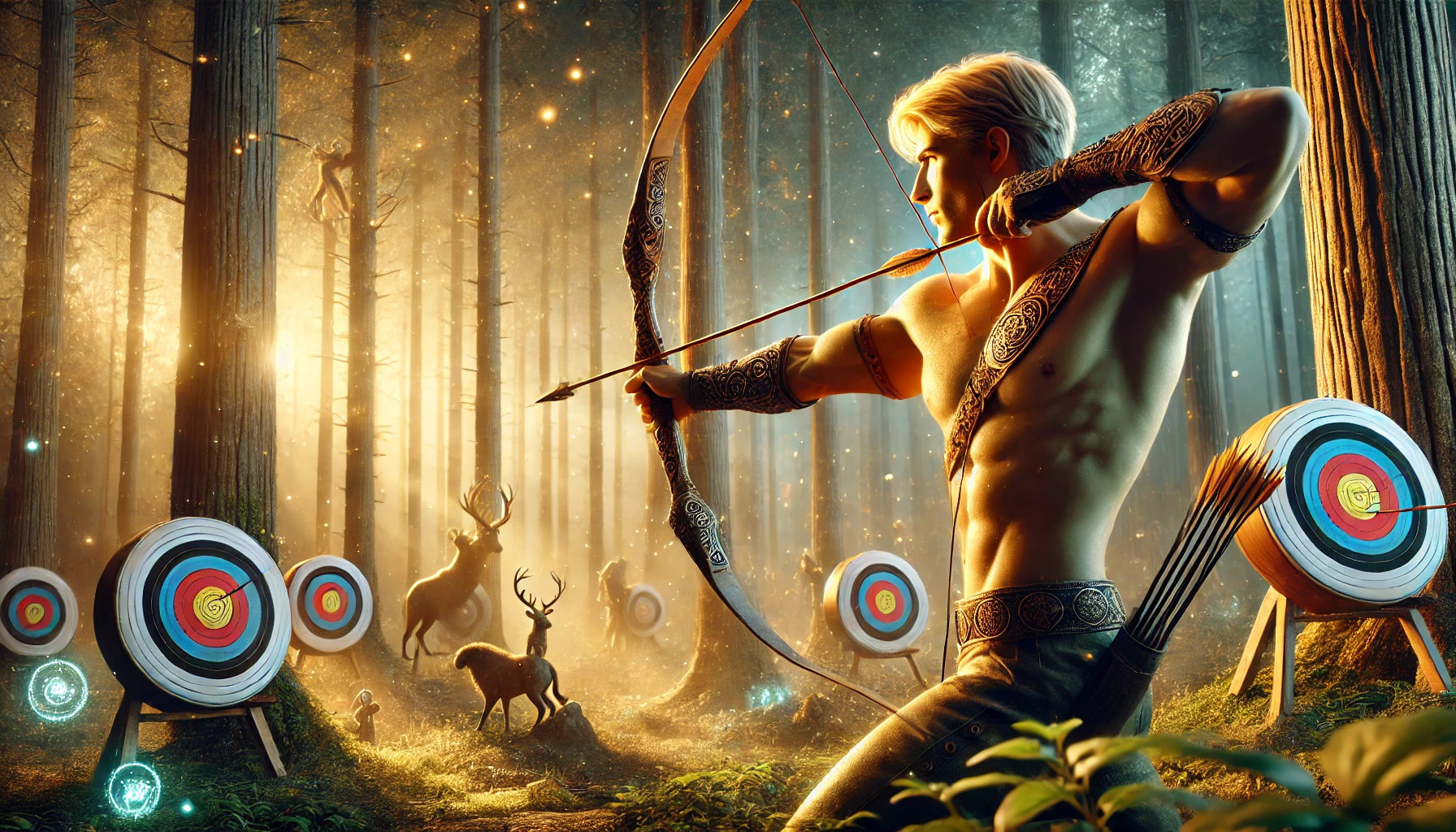 Blond archery having fun in the forest